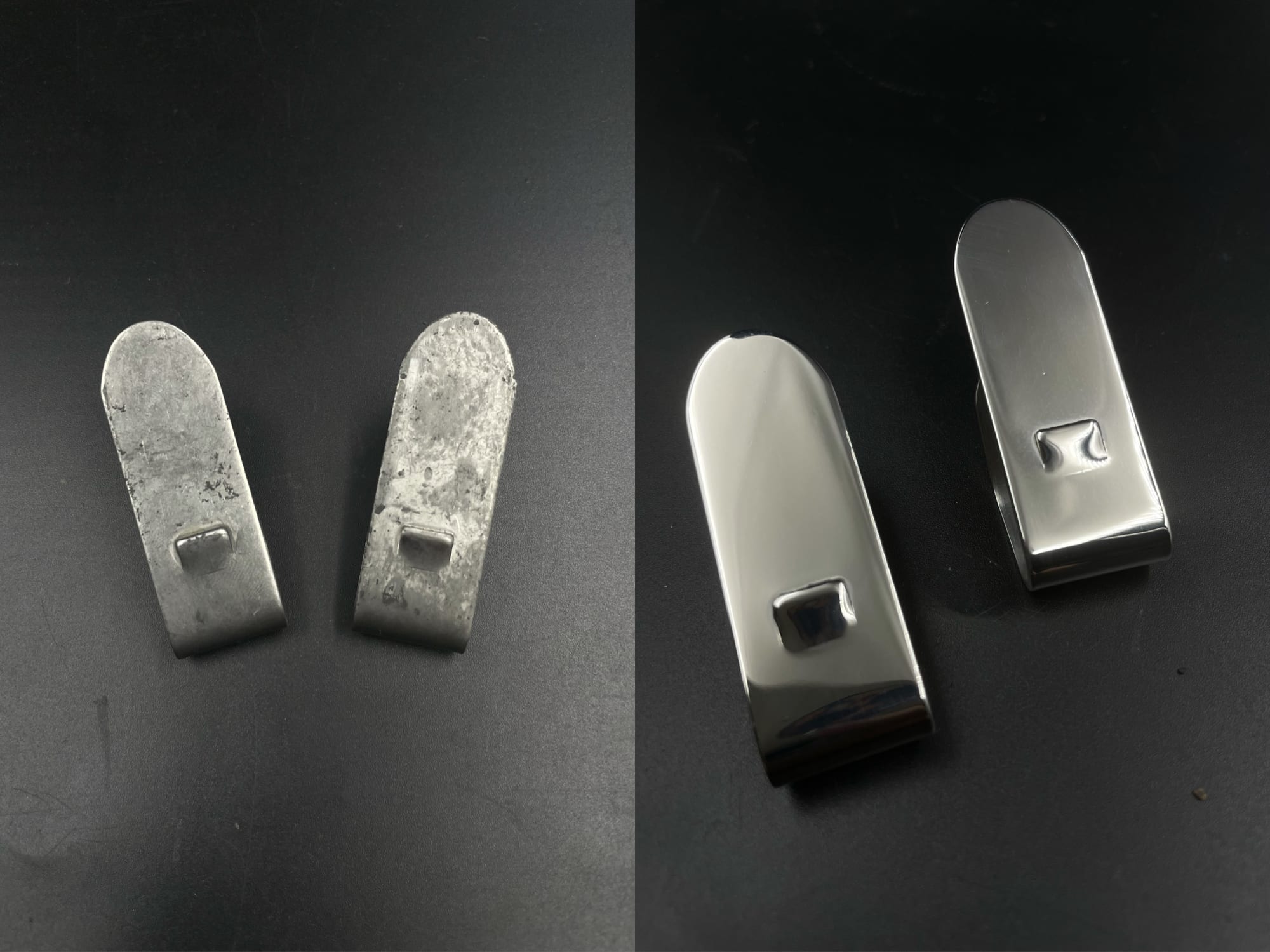 The image shows a close up of a metal object on a black surface, which appears to be a door handle. The metal object is silver in color and has a glossy finish. It has a rectangular shape with a curve
