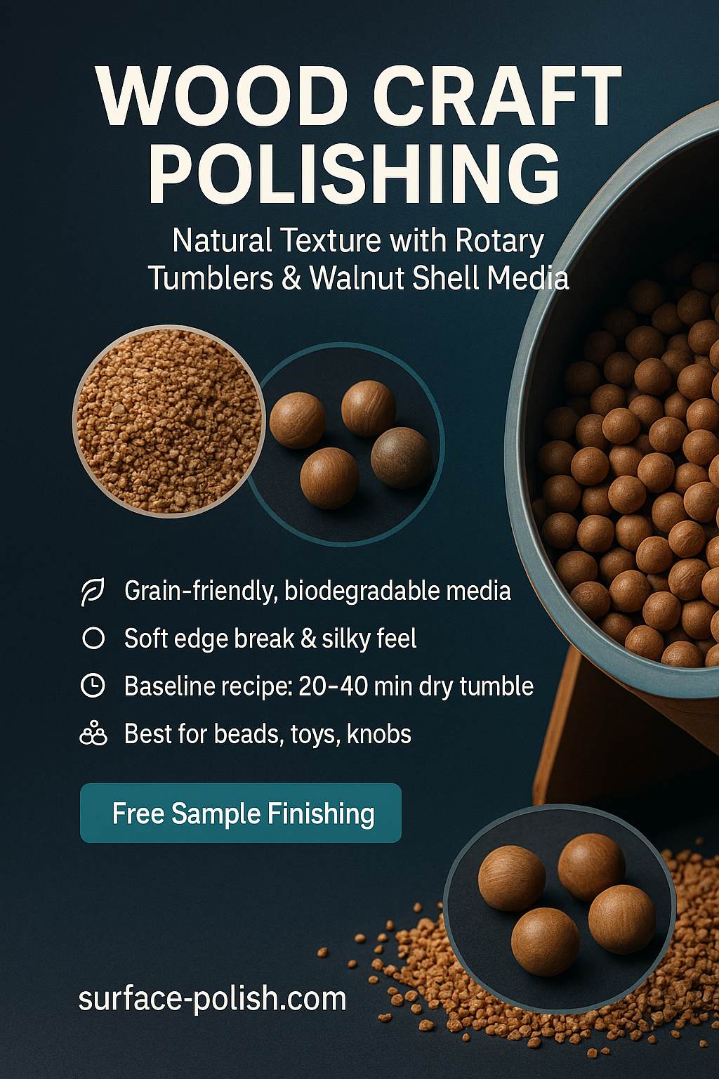 Đánh bóng đồ thủ công bằng gỗ: Đạt được kết cấu tự nhiên bằng máy đánh bóng quay và vật liệu vỏ óc chó